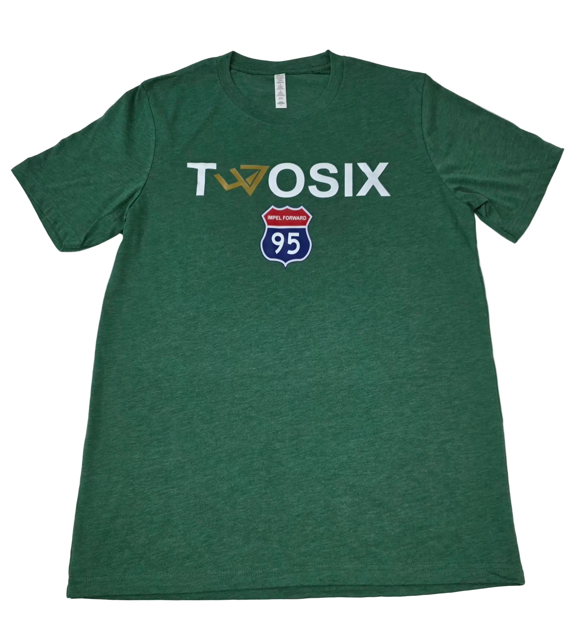 A dark green heathered short-sleeve t-shirt with a graphic on the chest reading 'TWOOSIX' in white and gold, featuring a red, white, and blue Interstate 95 shield below it, laid flat on a light gray background.